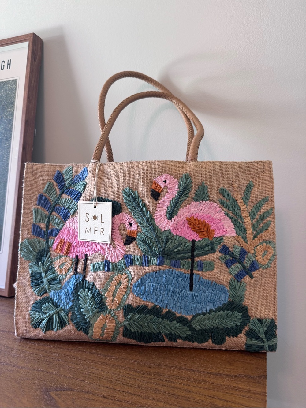 NWT: SOL and MER Tropical Pink Flamingo Embroidered Jute Tote Bag Beach Bag